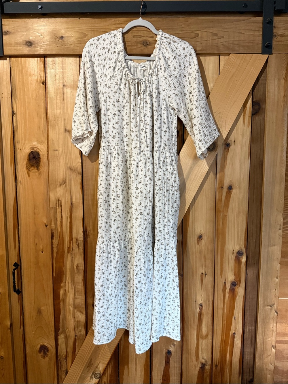Floral Tie-Neck Maxi Dress in Cream with brown floral detail~pockets